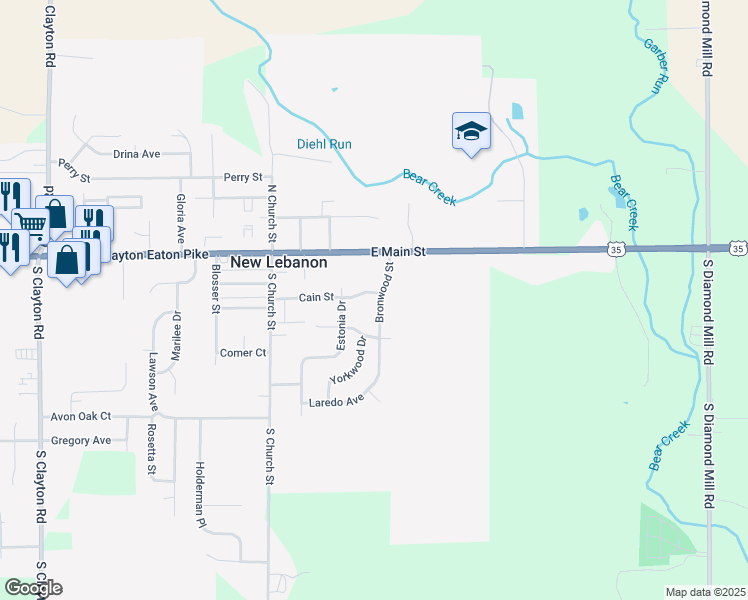 map of restaurants, bars, coffee shops, grocery stores, and more near 107 Bronwood Street in New Lebanon