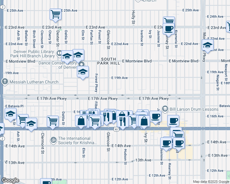 map of restaurants, bars, coffee shops, grocery stores, and more near 5335 East 17th Avenue Parkway in Denver