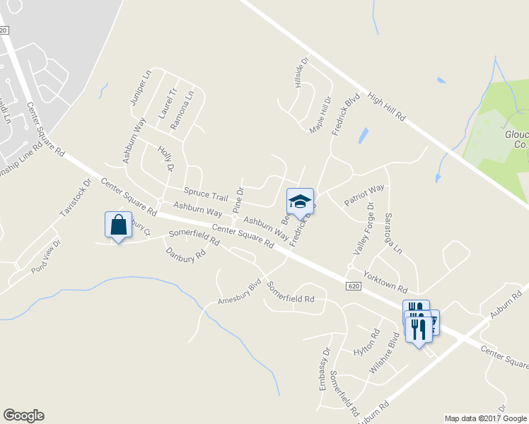 map of restaurants, bars, coffee shops, grocery stores, and more near 136 Spruce Trail in Woolwich Township