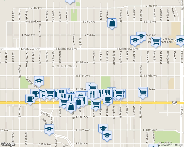map of restaurants, bars, coffee shops, grocery stores, and more near 1702 Jamaica Street in Aurora