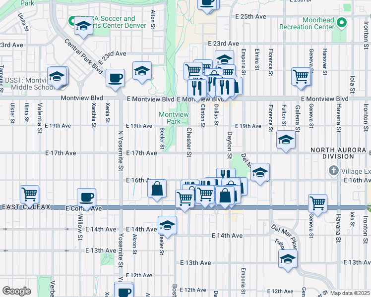 map of restaurants, bars, coffee shops, grocery stores, and more near in Aurora