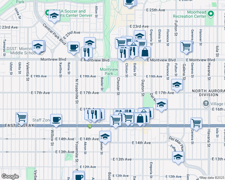 map of restaurants, bars, coffee shops, grocery stores, and more near 1701 Boston Street in Aurora