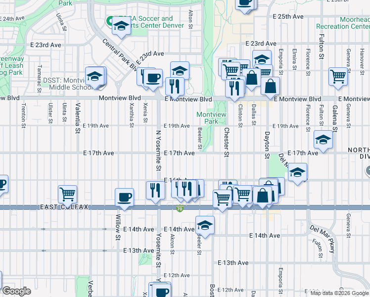 map of restaurants, bars, coffee shops, grocery stores, and more near 1700 Akron Street in Aurora