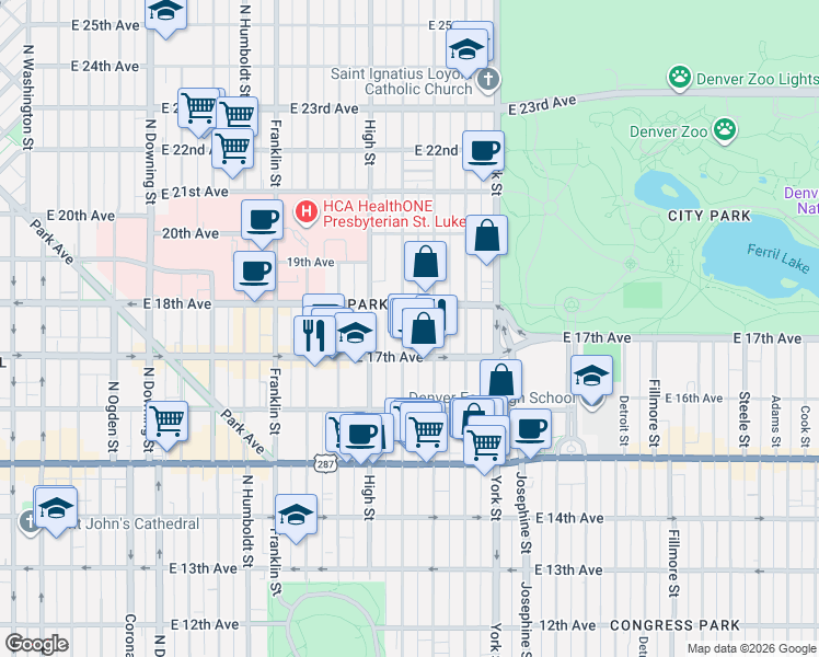 map of restaurants, bars, coffee shops, grocery stores, and more near 1743 Vine Street in Denver