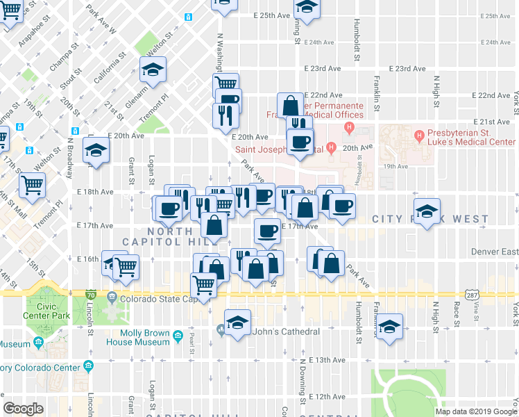 map of restaurants, bars, coffee shops, grocery stores, and more near 1728 Emerson Street in Denver