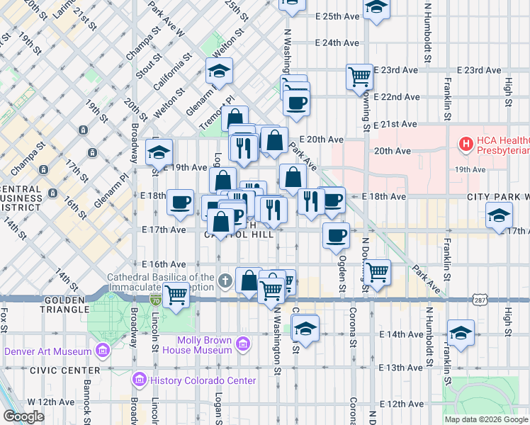 map of restaurants, bars, coffee shops, grocery stores, and more near 1747 North Washington Street in Denver