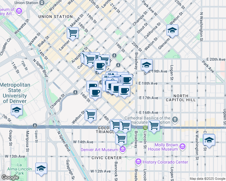 map of restaurants, bars, coffee shops, grocery stores, and more near in Denver