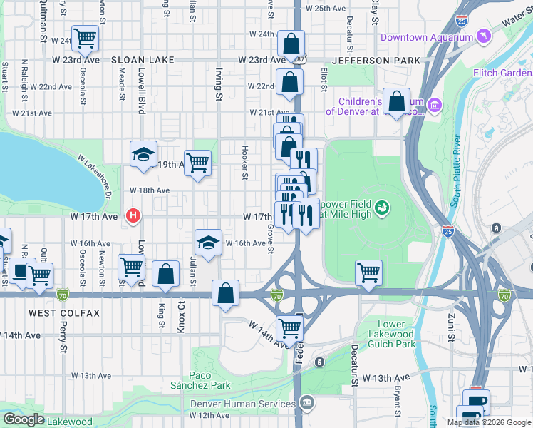 map of restaurants, bars, coffee shops, grocery stores, and more near 1701 Grove Street in Denver