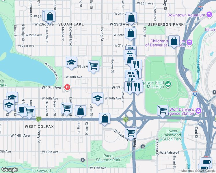 map of restaurants, bars, coffee shops, grocery stores, and more near 3211 West 17th Avenue in Denver