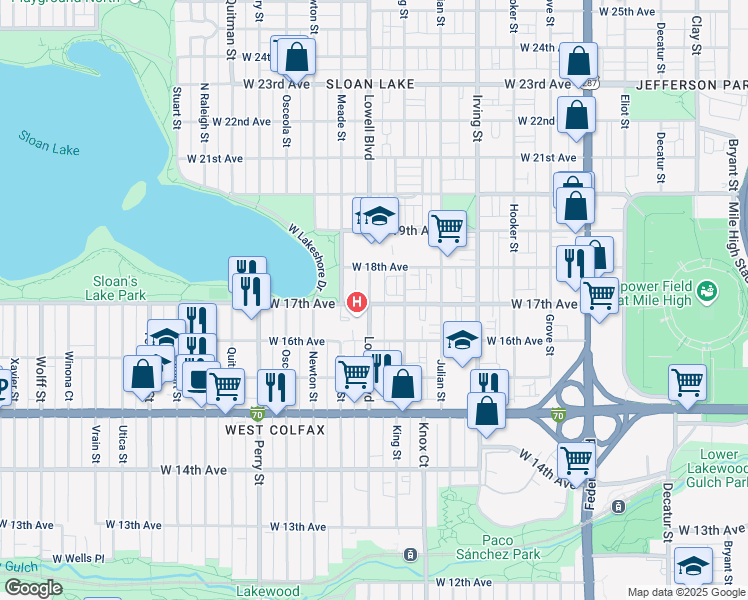 map of restaurants, bars, coffee shops, grocery stores, and more near in Denver