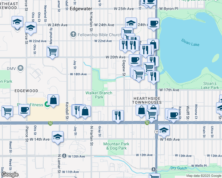 map of restaurants, bars, coffee shops, grocery stores, and more near 1702 Fenton Street in Lakewood