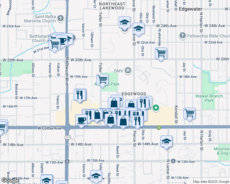 map of restaurants, bars, coffee shops, grocery stores, and more near 1695 Reed Street in Lakewood