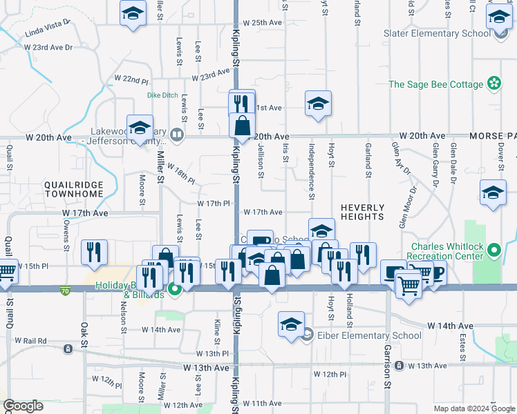 map of restaurants, bars, coffee shops, grocery stores, and more near 9930 West 17th Avenue in Lakewood