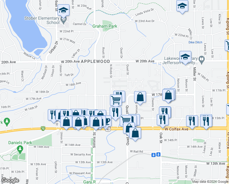 map of restaurants, bars, coffee shops, grocery stores, and more near 1724 North Robb Street in Denver
