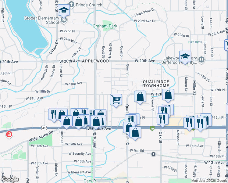 map of restaurants, bars, coffee shops, grocery stores, and more near 1724 North Robb Street in Denver