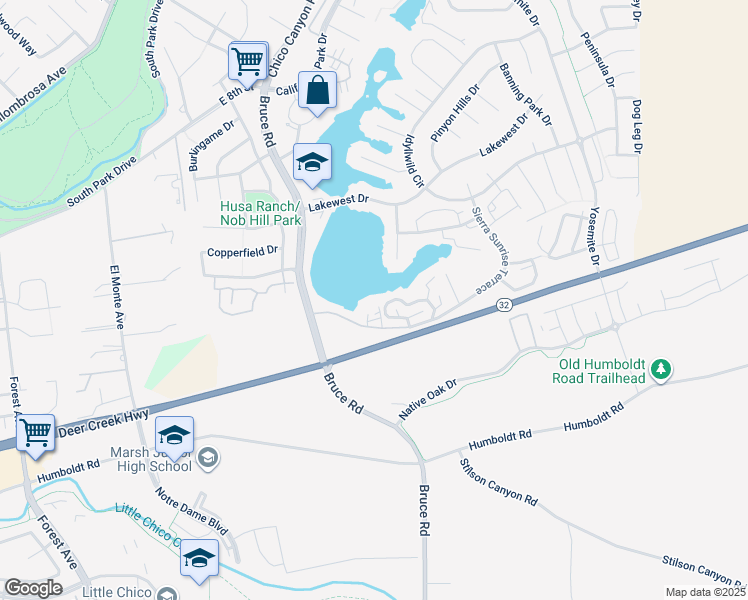 map of restaurants, bars, coffee shops, grocery stores, and more near 9 Sierra Lakeside Lane in Chico