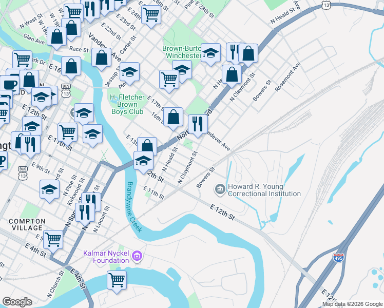 map of restaurants, bars, coffee shops, grocery stores, and more near 1133 East 14th Street in Wilmington