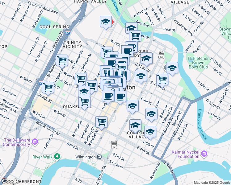 map of restaurants, bars, coffee shops, grocery stores, and more near in Wilmington