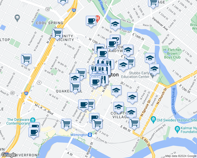 map of restaurants, bars, coffee shops, grocery stores, and more near in Wilmington