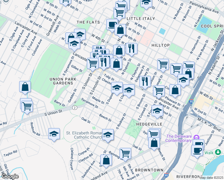 map of restaurants, bars, coffee shops, grocery stores, and more near 1706 Elm Street in Wilmington