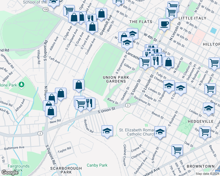 map of restaurants, bars, coffee shops, grocery stores, and more near 635 Harrington Street in Wilmington