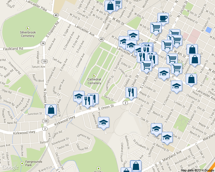 map of restaurants, bars, coffee shops, grocery stores, and more near 635 Harrington Street in Wilmington