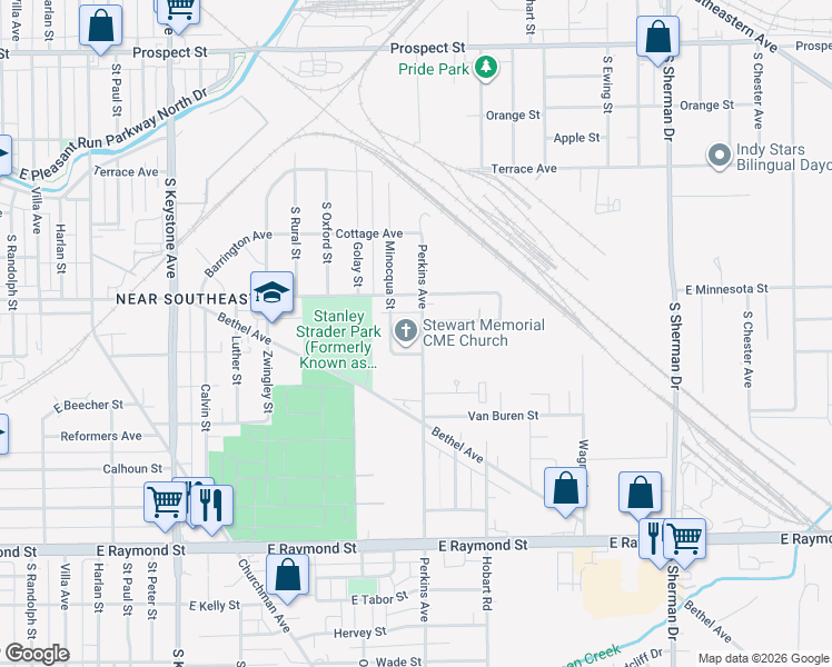 map of restaurants, bars, coffee shops, grocery stores, and more near 1745 Minocqua Street in Indianapolis