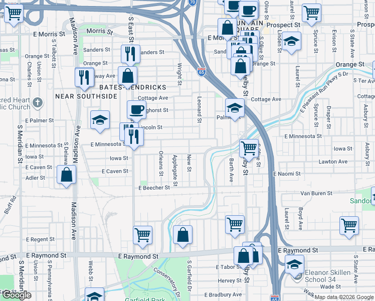 map of restaurants, bars, coffee shops, grocery stores, and more near 826 Iowa Street in Indianapolis