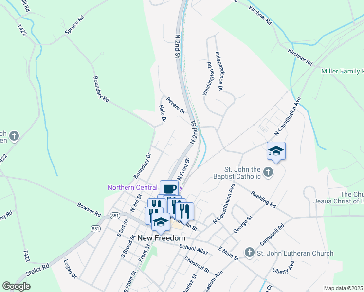 map of restaurants, bars, coffee shops, grocery stores, and more near 240 Pennsylvania 851 in New Freedom