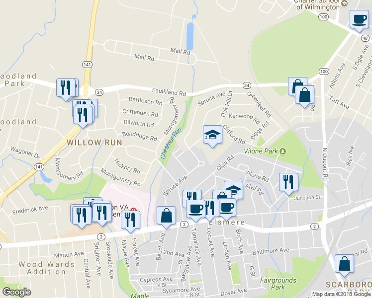 map of restaurants, bars, coffee shops, grocery stores, and more near 1463 Spruce Avenue in Wilmington
