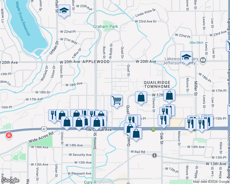 map of restaurants, bars, coffee shops, grocery stores, and more near 1724 North Robb Street in Denver