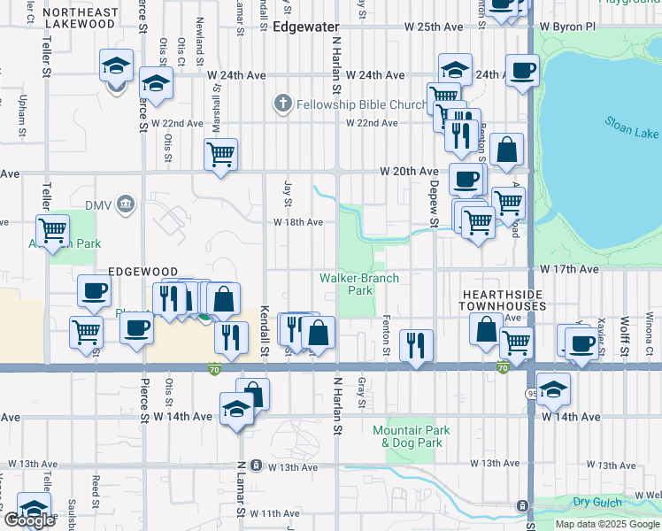 map of restaurants, bars, coffee shops, grocery stores, and more near 1701 North Harlan Street in Lakewood