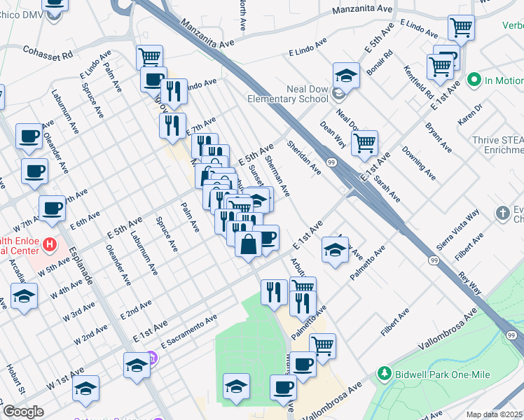 map of restaurants, bars, coffee shops, grocery stores, and more near 717 East 3rd Avenue in Chico