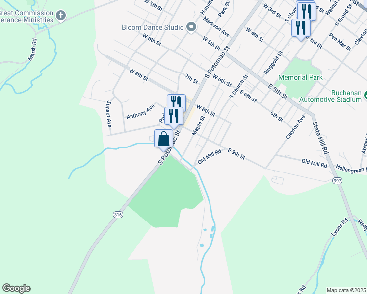 map of restaurants, bars, coffee shops, grocery stores, and more near 822 Maple Street in Waynesboro