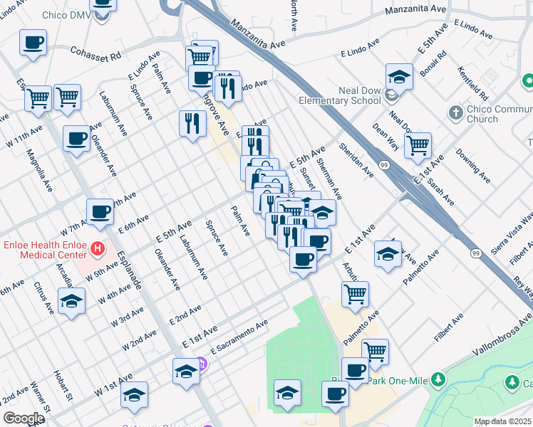 map of restaurants, bars, coffee shops, grocery stores, and more near 1351 Mangrove Avenue in Chico