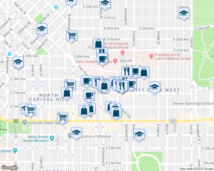 map of restaurants, bars, coffee shops, grocery stores, and more near 1741 Marion Street in Denver
