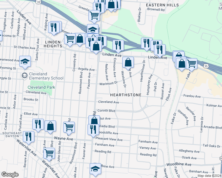 map of restaurants, bars, coffee shops, grocery stores, and more near 1618 Nelson Avenue in Dayton