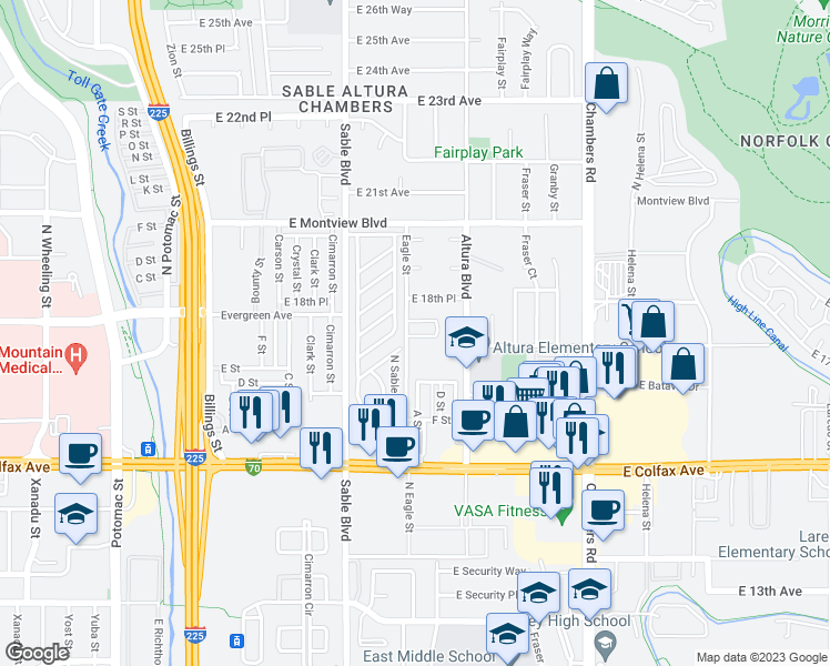 map of restaurants, bars, coffee shops, grocery stores, and more near 1738 Eagle Circle in Aurora