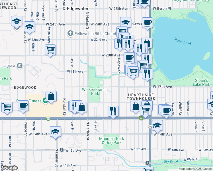map of restaurants, bars, coffee shops, grocery stores, and more near 1702 Fenton Street in Lakewood