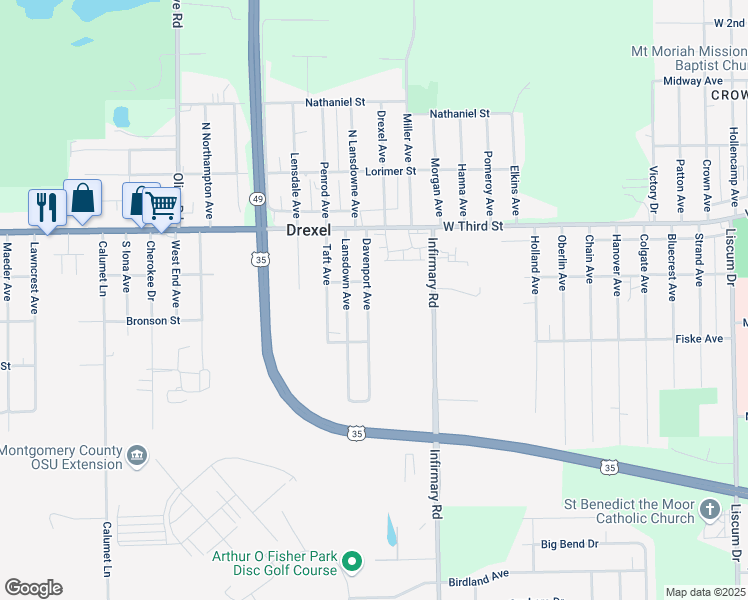 map of restaurants, bars, coffee shops, grocery stores, and more near 112 Davenport Avenue in Dayton