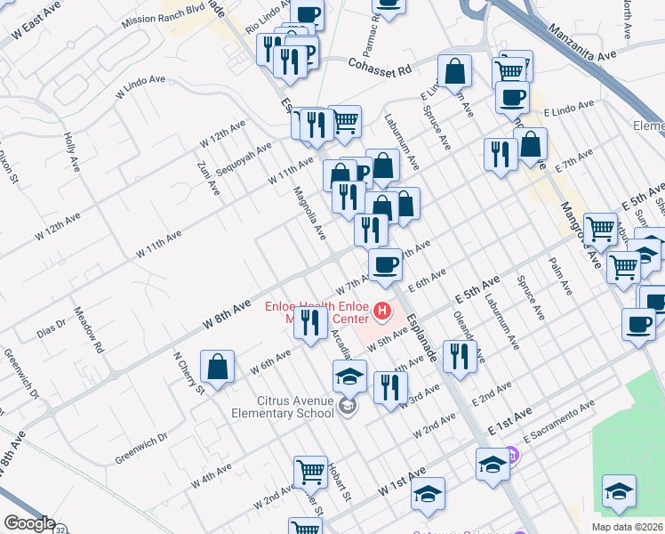 map of restaurants, bars, coffee shops, grocery stores, and more near 1735 Magnolia Avenue in Chico