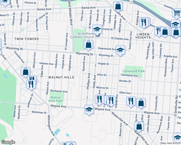 map of restaurants, bars, coffee shops, grocery stores, and more near 1146 Phillips Avenue in Dayton