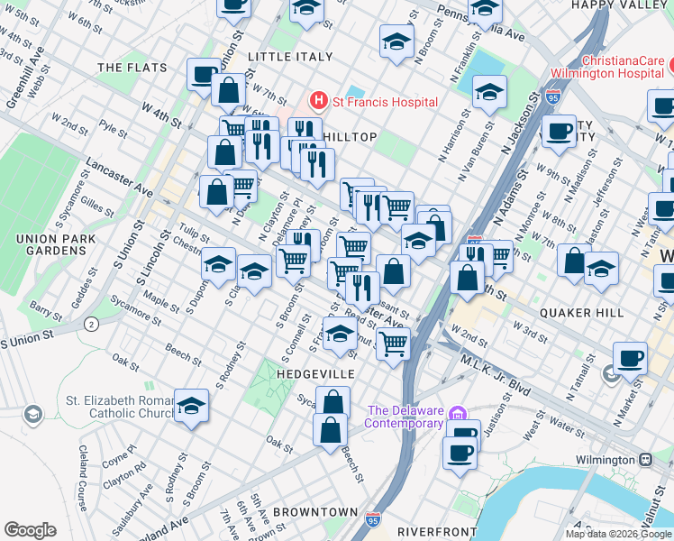 map of restaurants, bars, coffee shops, grocery stores, and more near 120 North Connell Street in Wilmington