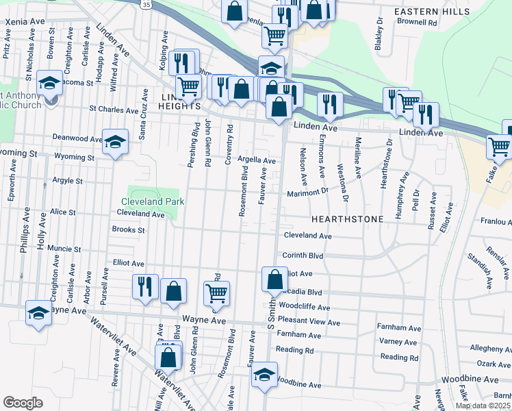 map of restaurants, bars, coffee shops, grocery stores, and more near 1624 Fauver Avenue in Dayton