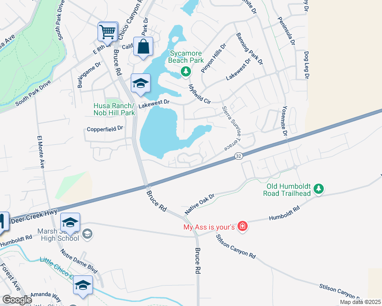 map of restaurants, bars, coffee shops, grocery stores, and more near 21 Sierra Lakeside Lane in Chico