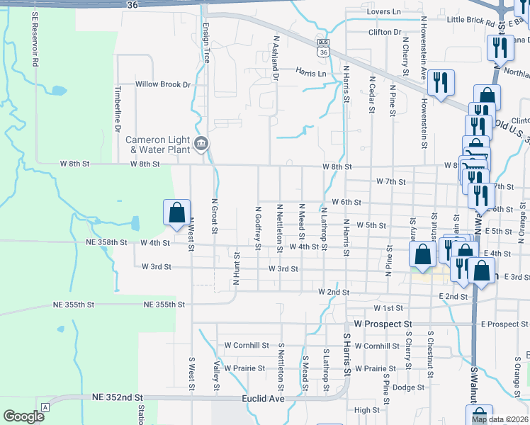 map of restaurants, bars, coffee shops, grocery stores, and more near 511 North Nettleton Street in Cameron