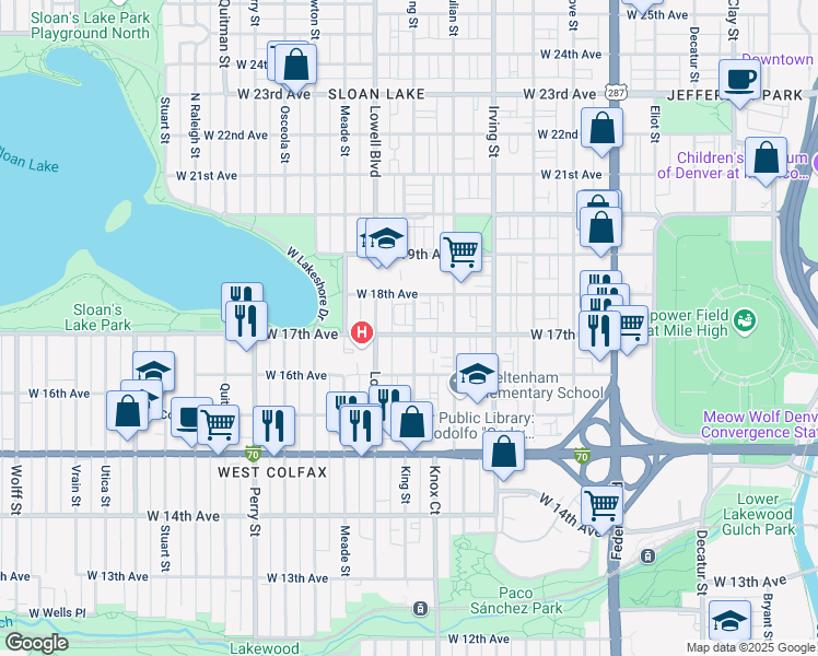 map of restaurants, bars, coffee shops, grocery stores, and more near 3501 West 17th Avenue in Denver