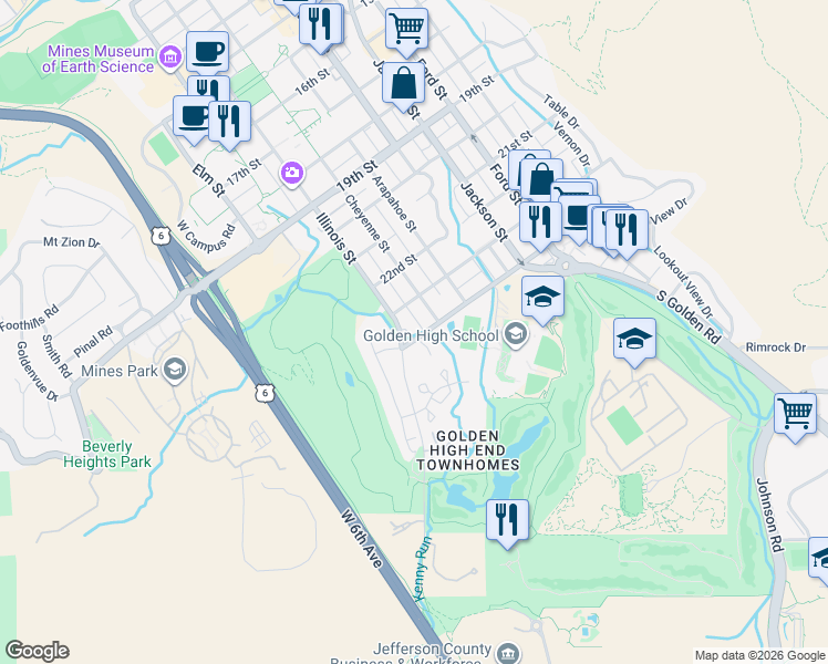 map of restaurants, bars, coffee shops, grocery stores, and more near 1102 24th Street in Golden