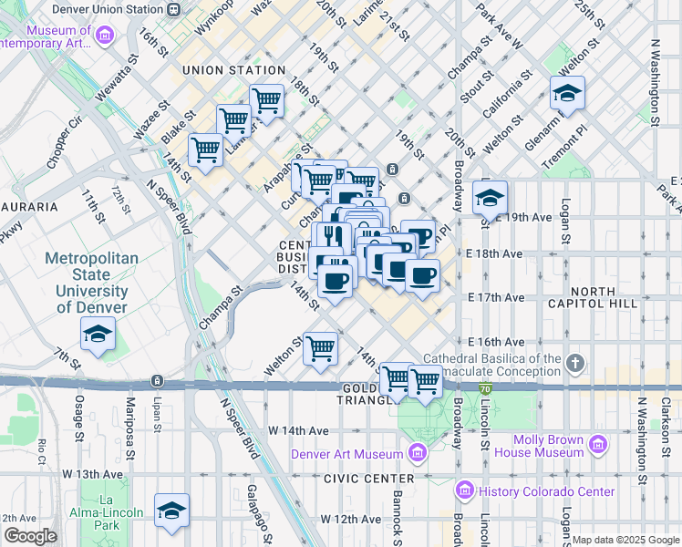 map of restaurants, bars, coffee shops, grocery stores, and more near 1522 California Street in Denver