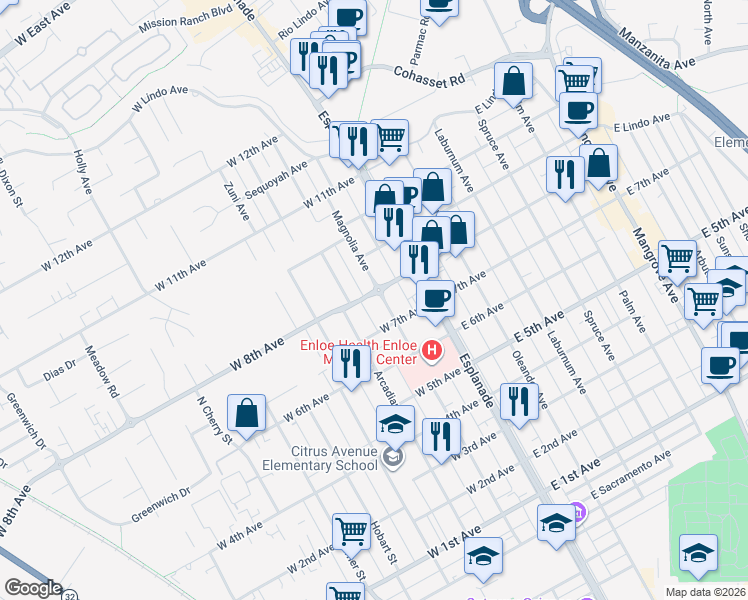 map of restaurants, bars, coffee shops, grocery stores, and more near 1735 Magnolia Avenue in Chico